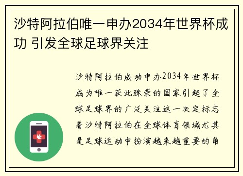 沙特阿拉伯唯一申办2034年世界杯成功 引发全球足球界关注 沙特阿拉伯唯一申办2034年世界杯成功 引发全球足球界关注